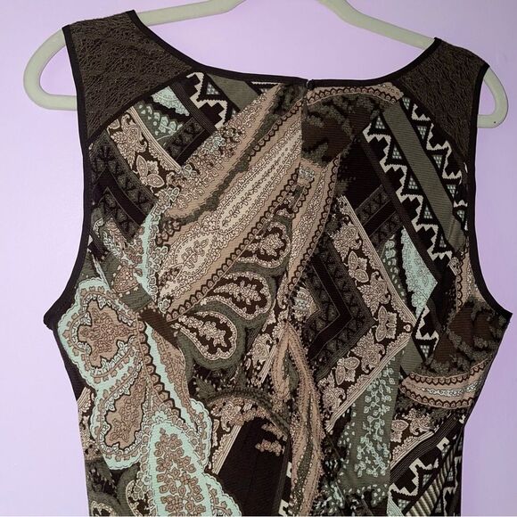 Reba Size 12 Midi Dress Brown Boho Print Sleeveless Lace Casual - Picture 7 of 9